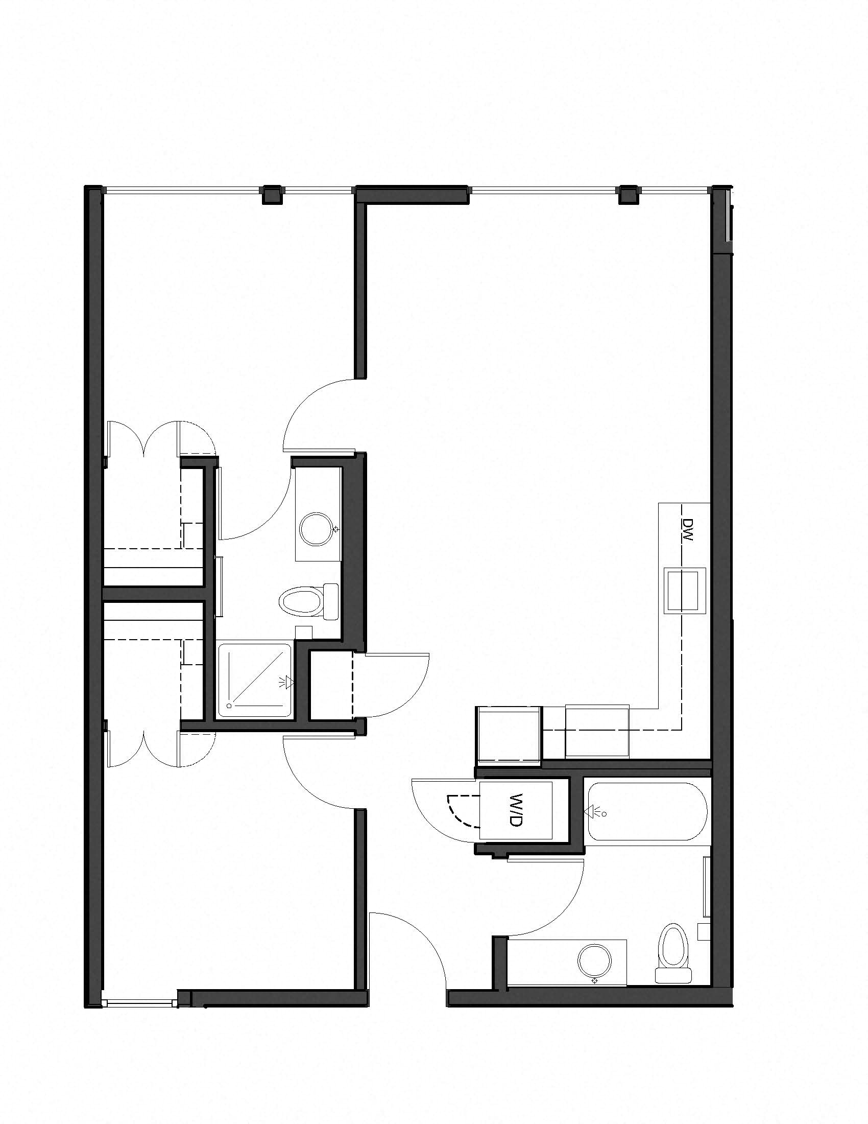 Floor plan for 2 beds, 2 baths, 801 sqft